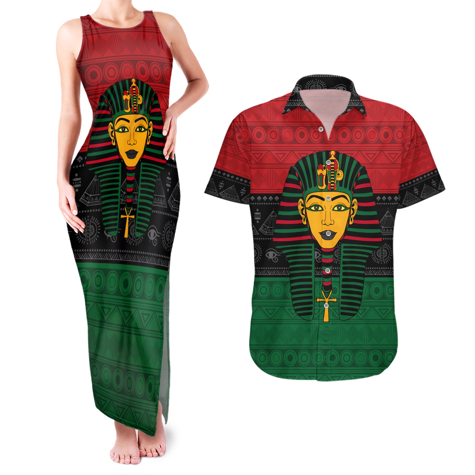 Personalized Pharaoh In Pan-African Colors Couples Matching Tank Maxi Dress and Hawaiian Shirt Ancient Egypt