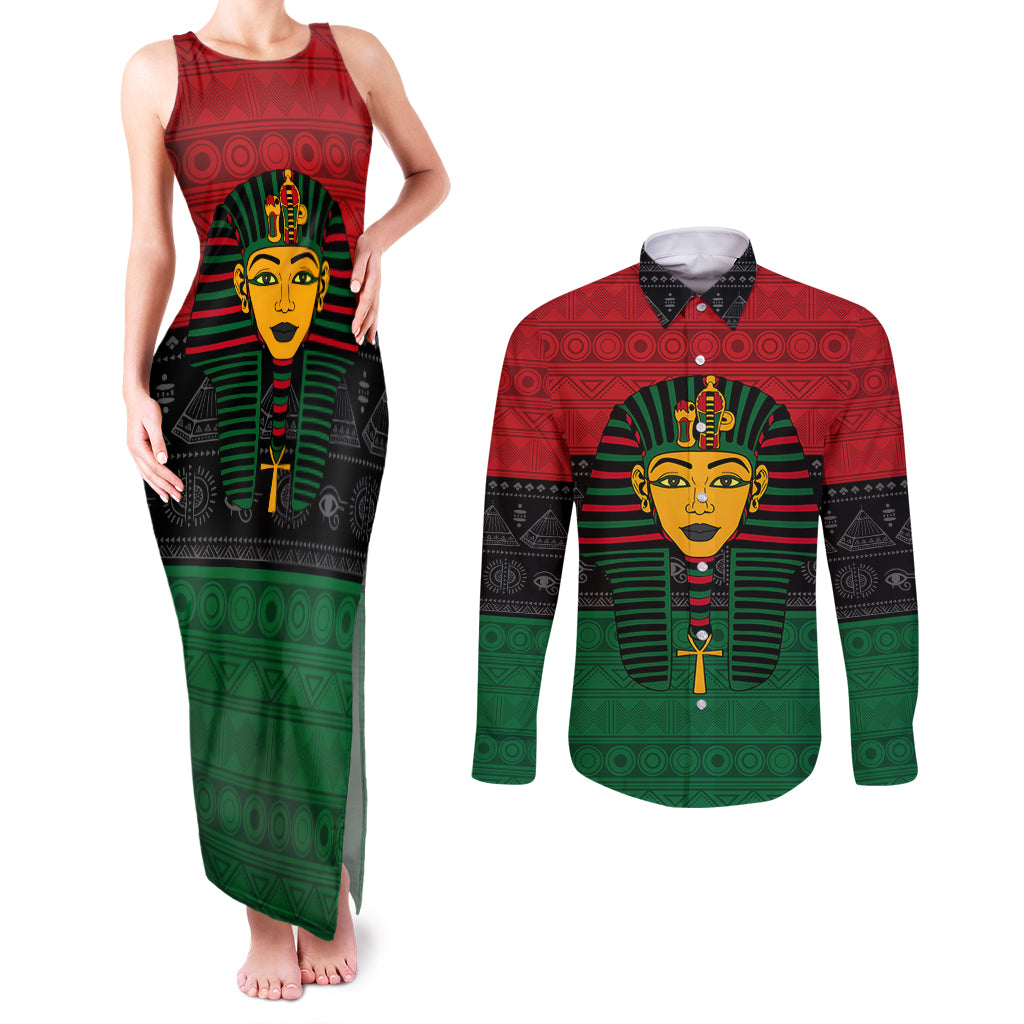 Personalized Pharaoh In Pan-African Colors Couples Matching Tank Maxi Dress and Long Sleeve Button Shirt Ancient Egypt - Wonder Print Shop