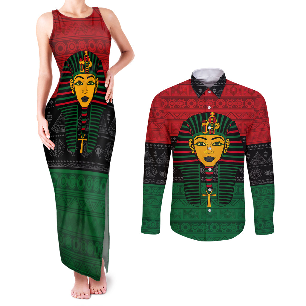 Personalized Pharaoh In Pan-African Colors Couples Matching Tank Maxi Dress and Long Sleeve Button Shirt Ancient Egypt