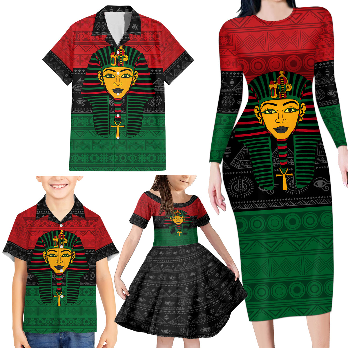 Personalized Pharaoh In Pan-African Colors Family Matching Long Sleeve Bodycon Dress and Hawaiian Shirt Ancient Egypt - Wonder Print Shop