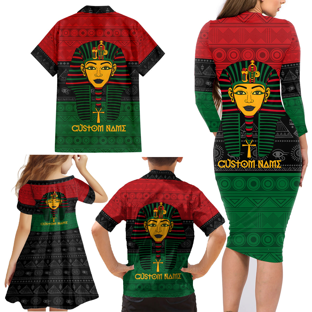 Personalized Pharaoh In Pan-African Colors Family Matching Long Sleeve Bodycon Dress and Hawaiian Shirt Ancient Egypt - Wonder Print Shop