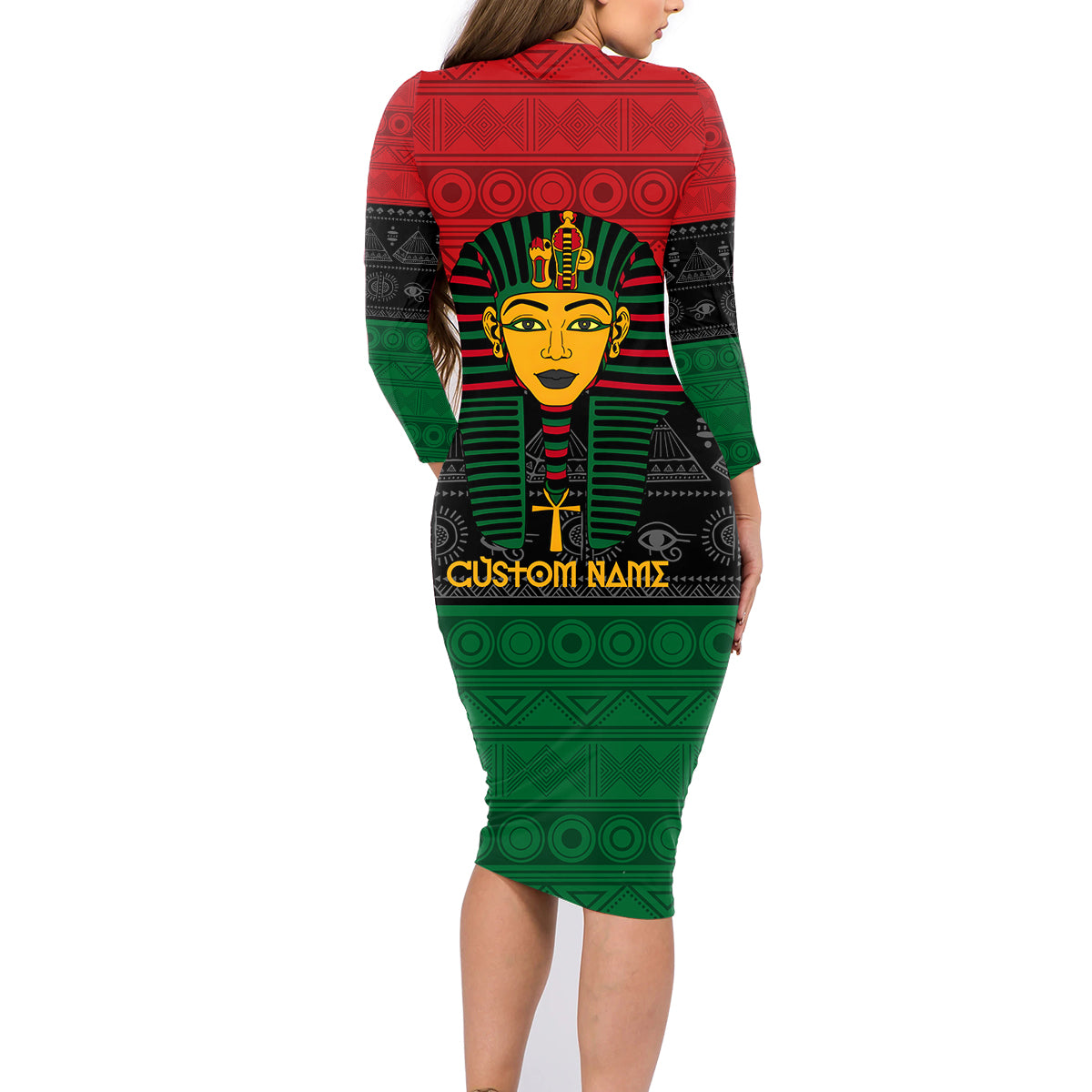 Personalized Pharaoh In Pan-African Colors Family Matching Long Sleeve Bodycon Dress and Hawaiian Shirt Ancient Egypt - Wonder Print Shop