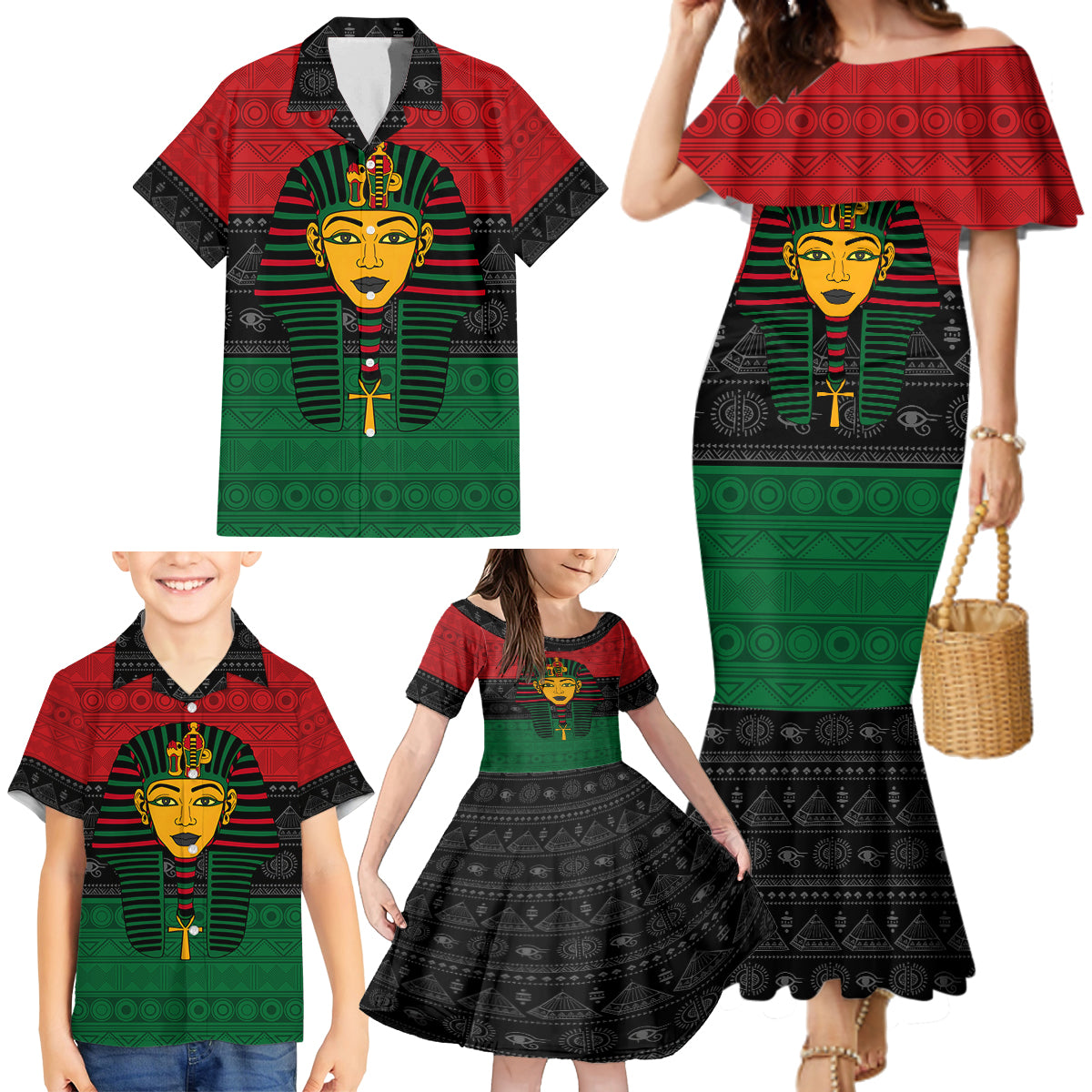 Personalized Pharaoh In Pan-African Colors Family Matching Mermaid Dress and Hawaiian Shirt Ancient Egypt