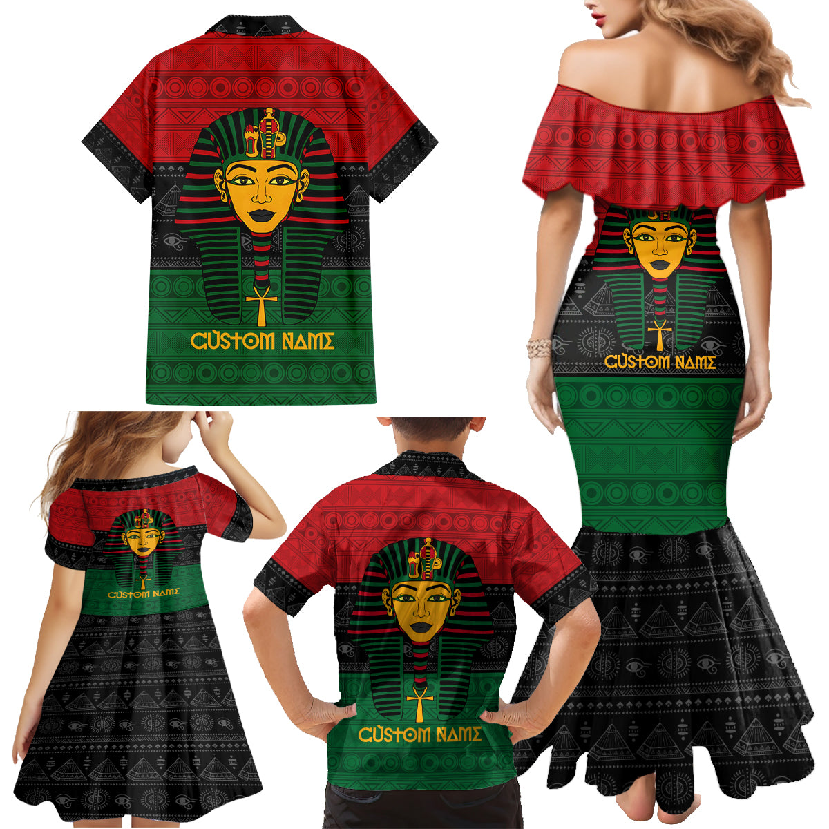 Personalized Pharaoh In Pan-African Colors Family Matching Mermaid Dress and Hawaiian Shirt Ancient Egypt - Wonder Print Shop