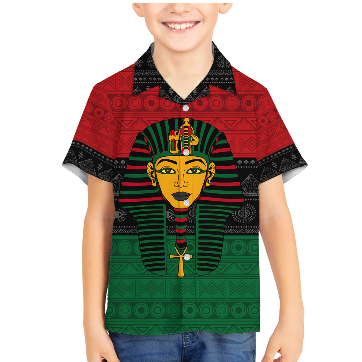 Personalized Pharaoh In Pan-African Colors Family Matching Mermaid Dress and Hawaiian Shirt Ancient Egypt - Wonder Print Shop