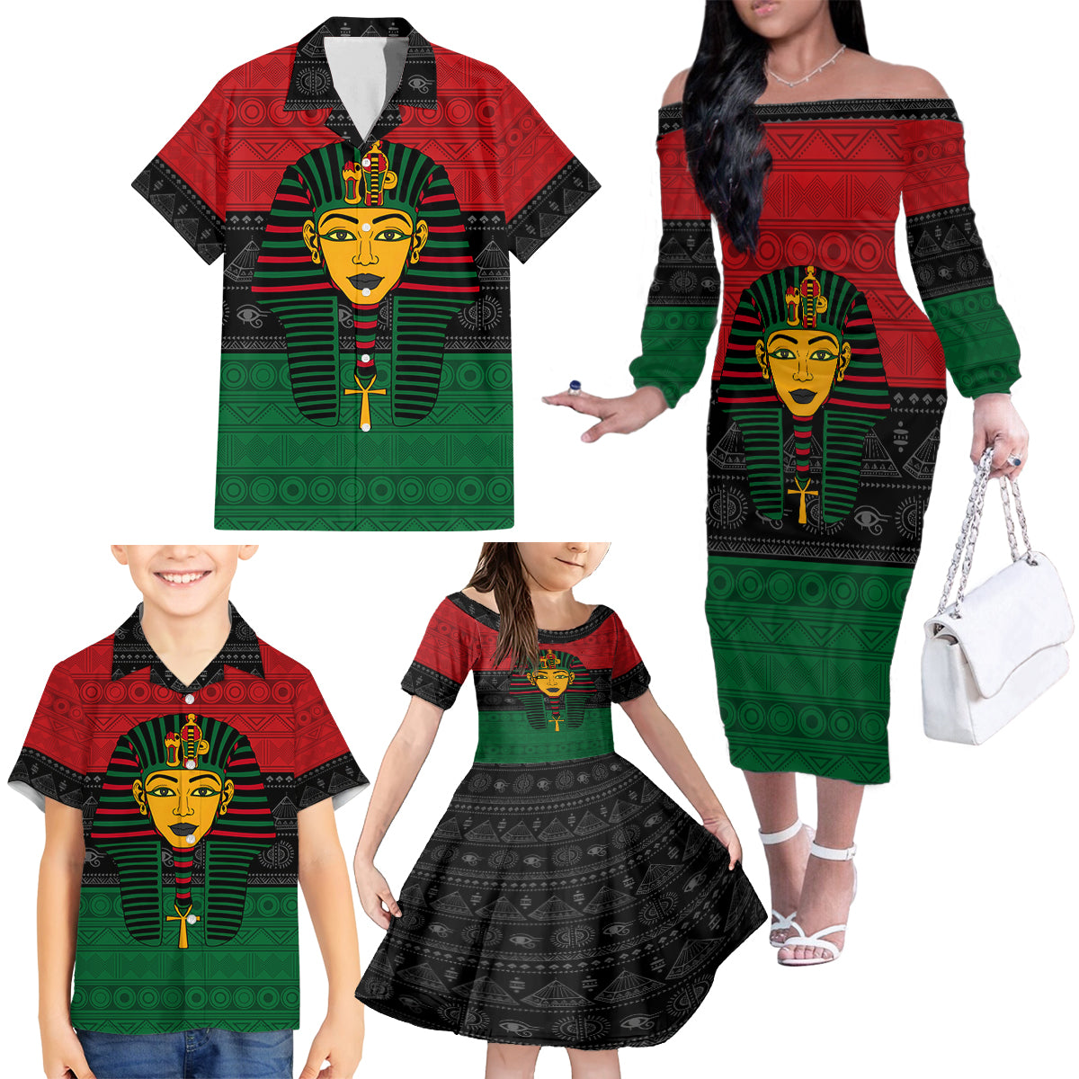 Personalized Pharaoh In Pan-African Colors Family Matching Off The Shoulder Long Sleeve Dress and Hawaiian Shirt Ancient Egypt - Wonder Print Shop