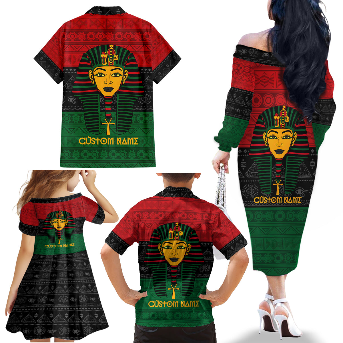 Personalized Pharaoh In Pan-African Colors Family Matching Off The Shoulder Long Sleeve Dress and Hawaiian Shirt Ancient Egypt - Wonder Print Shop