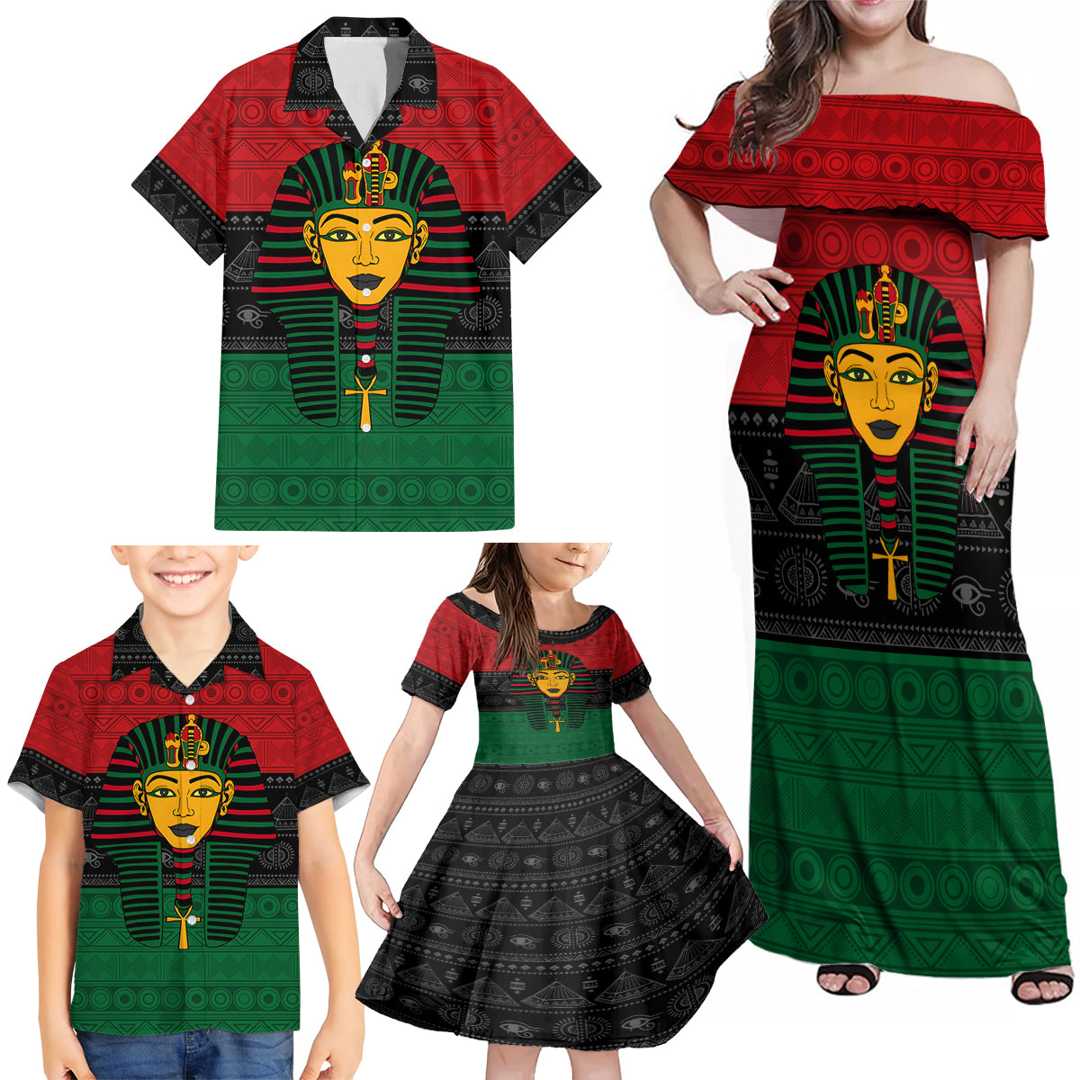 Personalized Pharaoh In Pan-African Colors Family Matching Off Shoulder Maxi Dress and Hawaiian Shirt Ancient Egypt - Wonder Print Shop