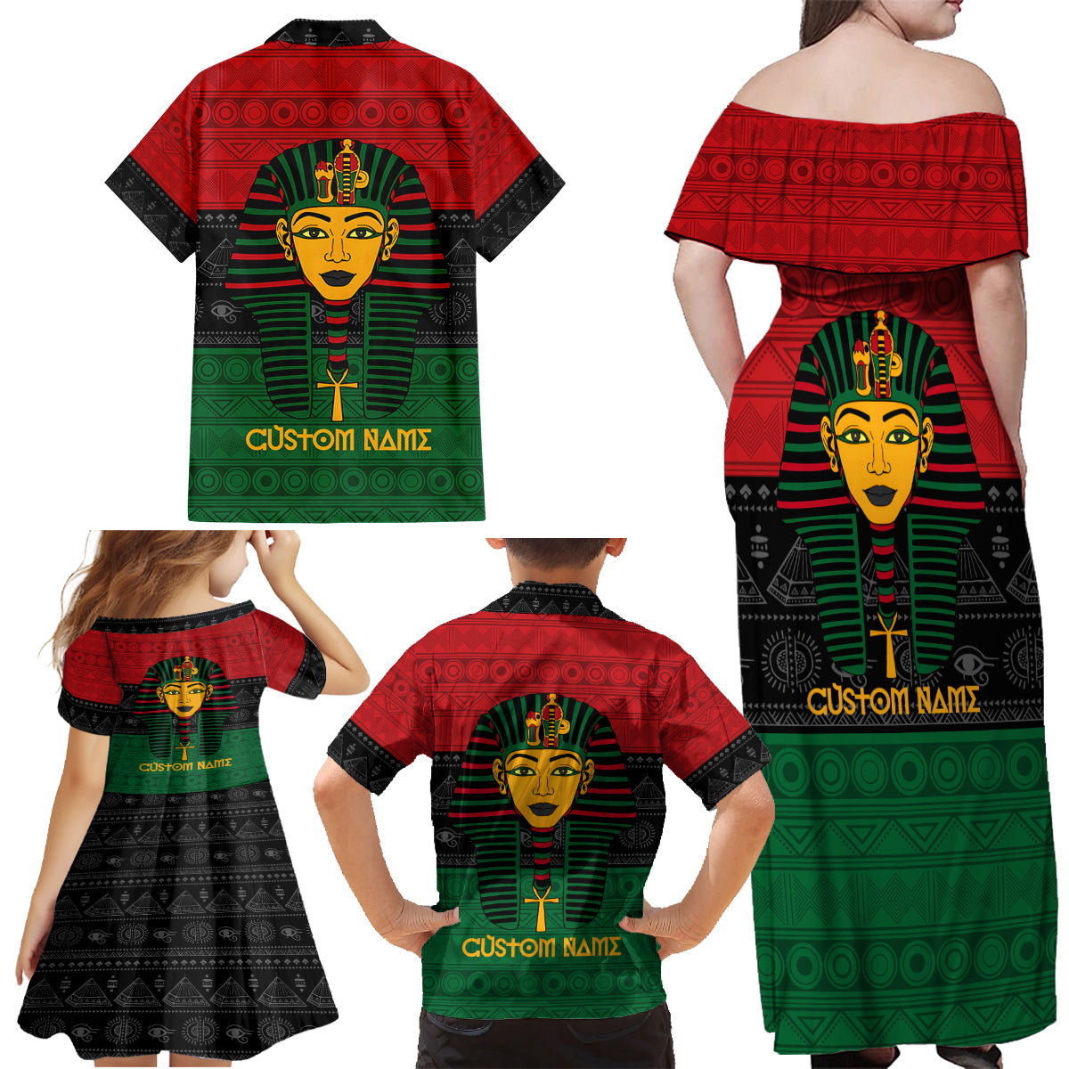 Personalized Pharaoh In Pan-African Colors Family Matching Off Shoulder Maxi Dress and Hawaiian Shirt Ancient Egypt - Wonder Print Shop