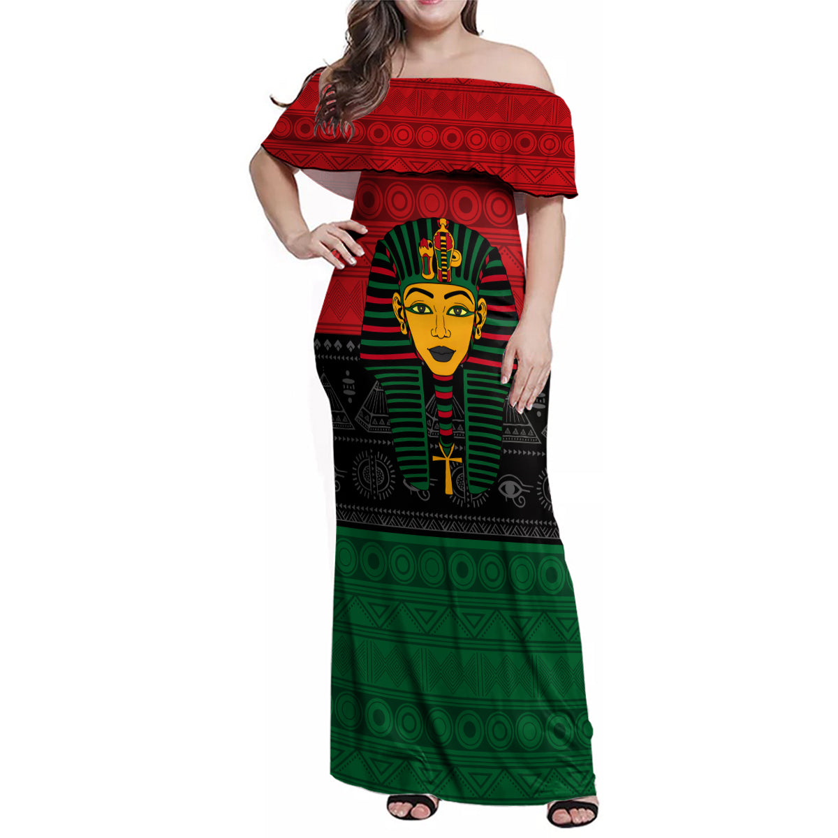Personalized Pharaoh In Pan-African Colors Family Matching Off Shoulder Maxi Dress and Hawaiian Shirt Ancient Egypt - Wonder Print Shop