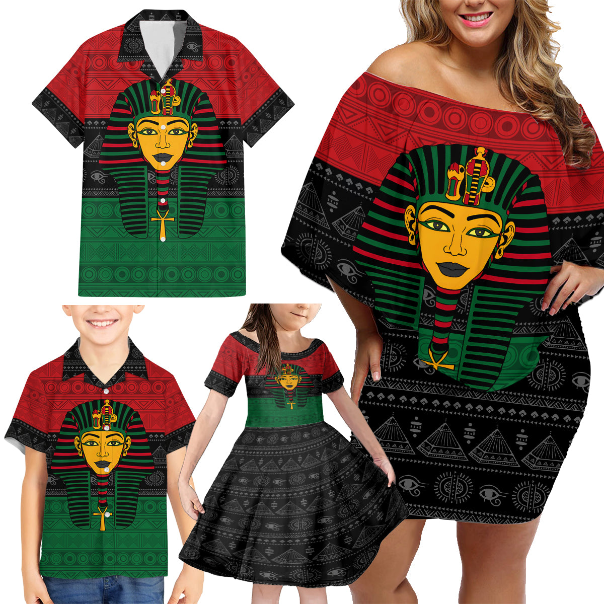 Personalized Pharaoh In Pan-African Colors Family Matching Off Shoulder Short Dress and Hawaiian Shirt Ancient Egypt - Wonder Print Shop