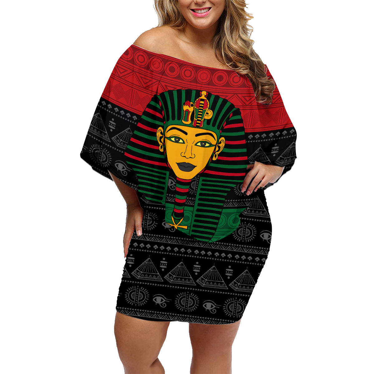 Personalized Pharaoh In Pan-African Colors Family Matching Off Shoulder Short Dress and Hawaiian Shirt Ancient Egypt - Wonder Print Shop