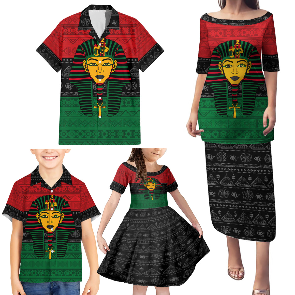 Personalized Pharaoh In Pan-African Colors Family Matching Puletasi and Hawaiian Shirt Ancient Egypt