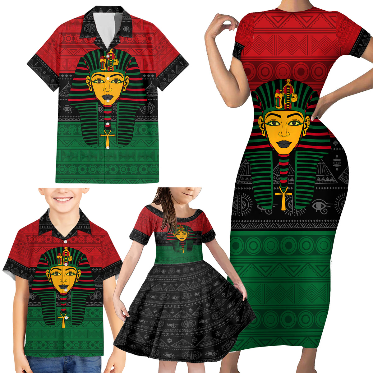 Personalized Pharaoh In Pan-African Colors Family Matching Short Sleeve Bodycon Dress and Hawaiian Shirt Ancient Egypt - Wonder Print Shop