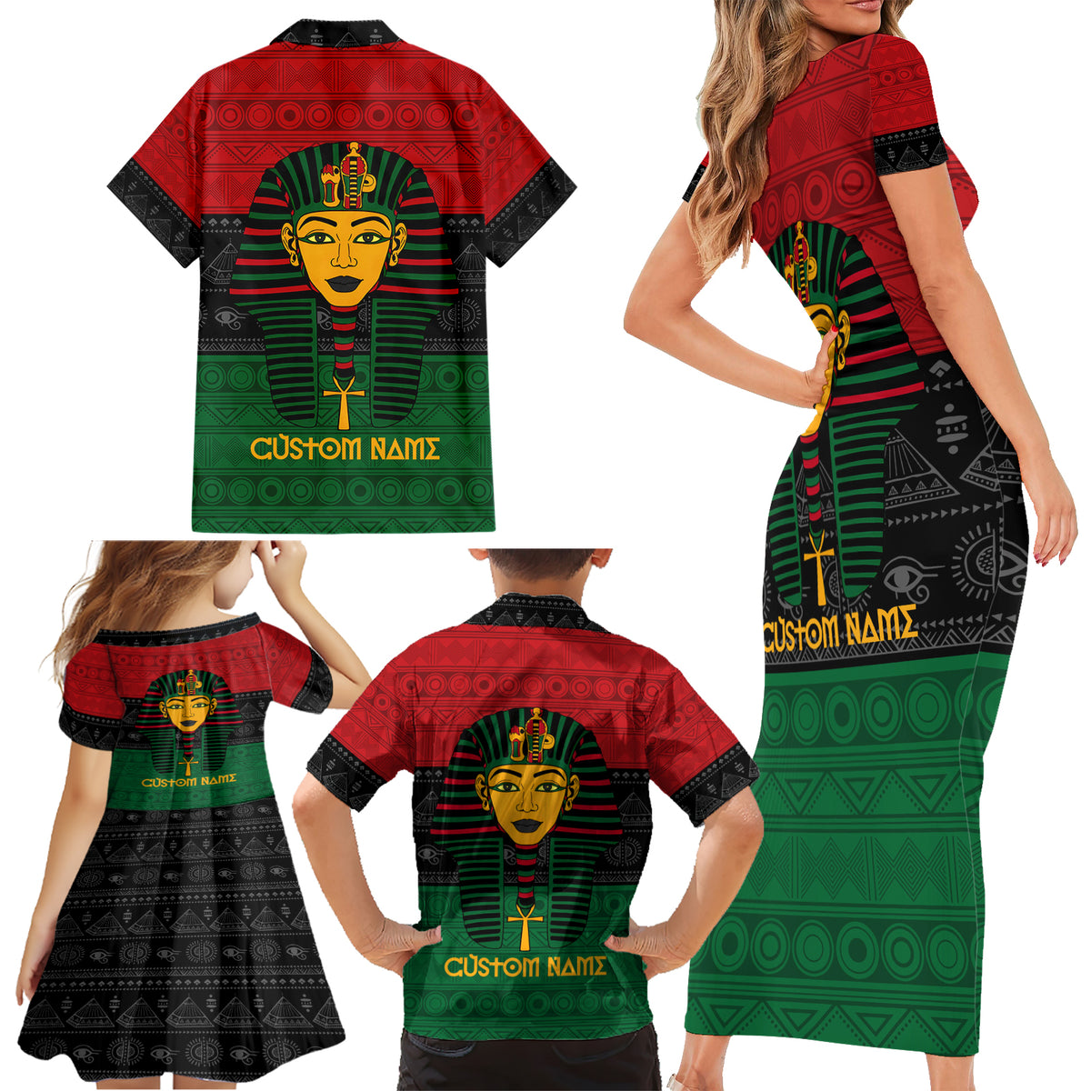 Personalized Pharaoh In Pan-African Colors Family Matching Short Sleeve Bodycon Dress and Hawaiian Shirt Ancient Egypt - Wonder Print Shop