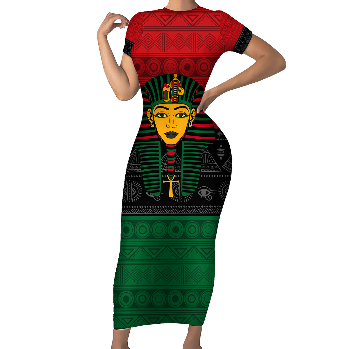 Personalized Pharaoh In Pan-African Colors Family Matching Short Sleeve Bodycon Dress and Hawaiian Shirt Ancient Egypt - Wonder Print Shop