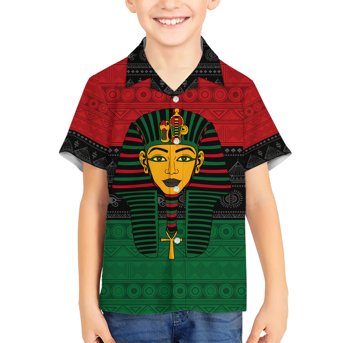 Personalized Pharaoh In Pan-African Colors Family Matching Short Sleeve Bodycon Dress and Hawaiian Shirt Ancient Egypt - Wonder Print Shop