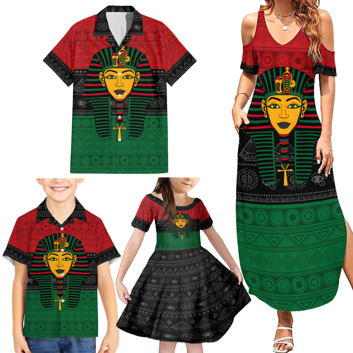 Personalized Pharaoh In Pan-African Colors Family Matching Summer Maxi Dress and Hawaiian Shirt Ancient Egypt - Wonder Print Shop