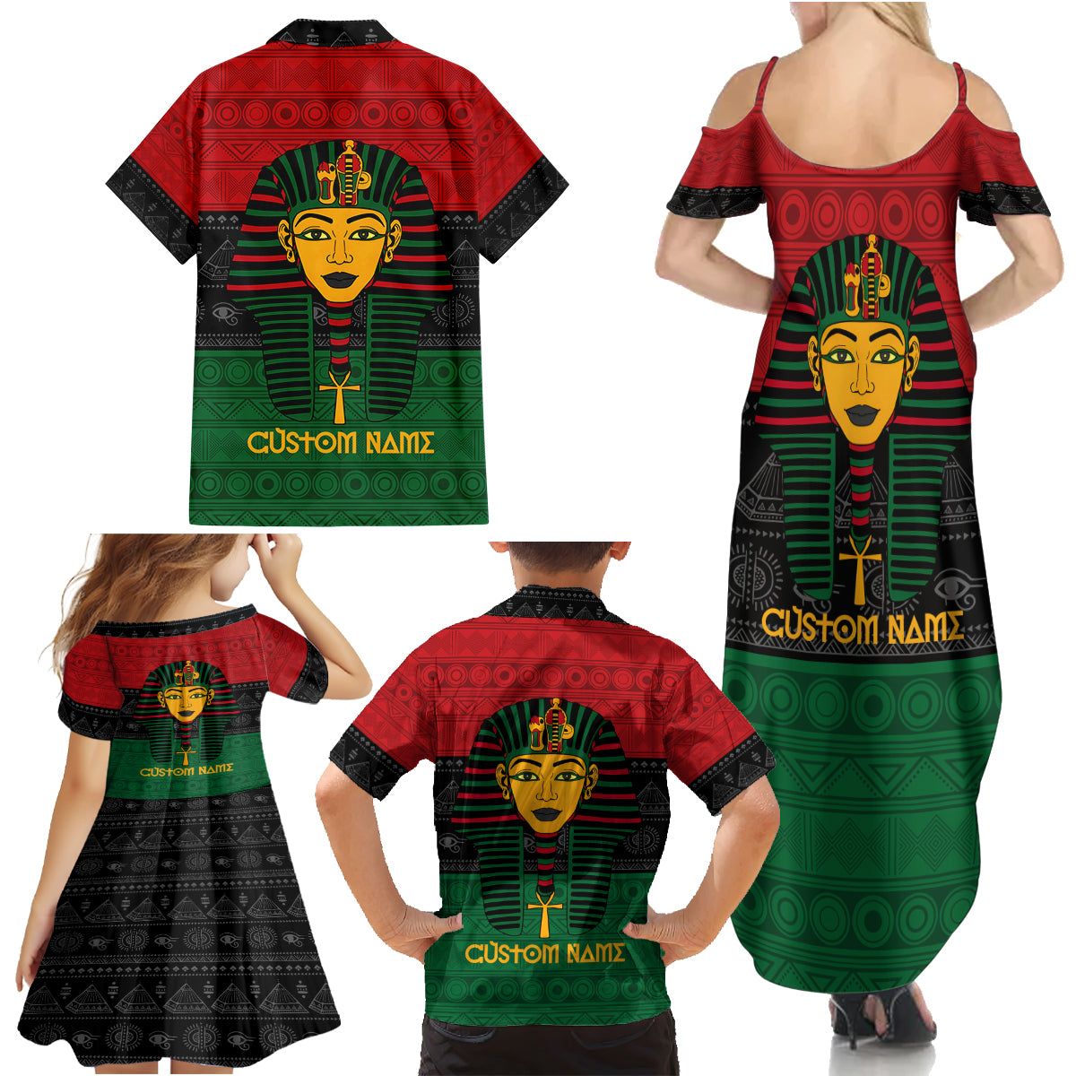 Personalized Pharaoh In Pan-African Colors Family Matching Summer Maxi Dress and Hawaiian Shirt Ancient Egypt - Wonder Print Shop