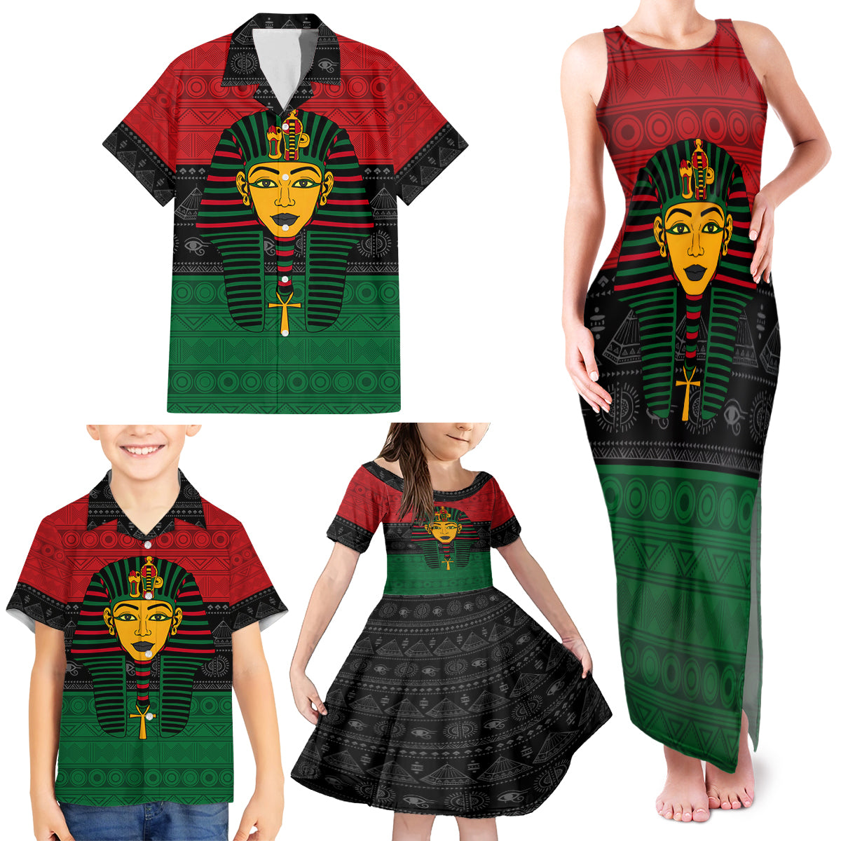 Personalized Pharaoh In Pan-African Colors Family Matching Tank Maxi Dress and Hawaiian Shirt Ancient Egypt - Wonder Print Shop