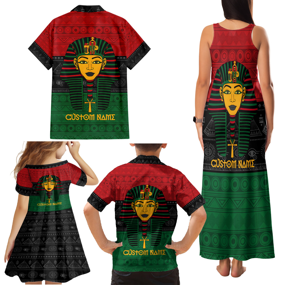 Personalized Pharaoh In Pan-African Colors Family Matching Tank Maxi Dress and Hawaiian Shirt Ancient Egypt - Wonder Print Shop