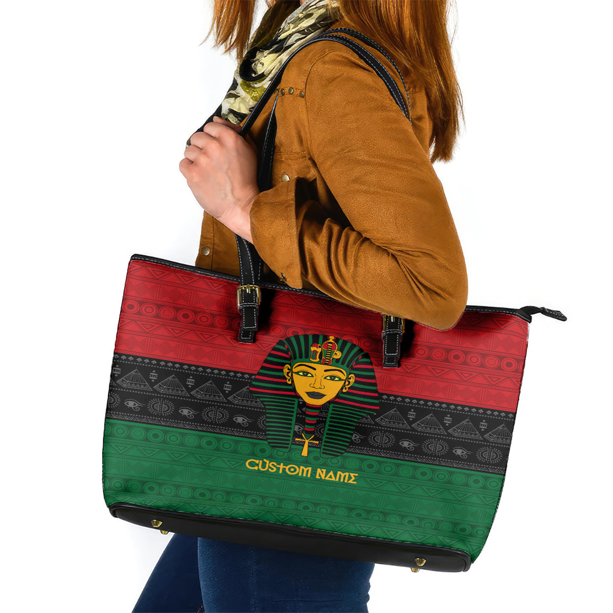 Personalized Pharaoh In Pan-African Colors Leather Tote Bag Ancient Egypt