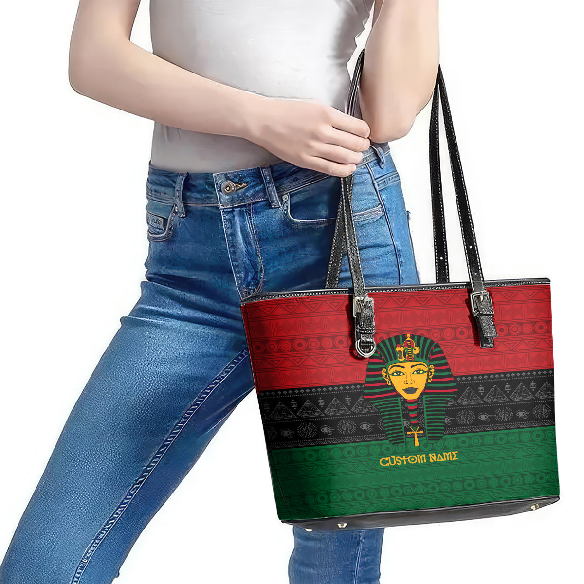 Personalized Pharaoh In Pan-African Colors Leather Tote Bag Ancient Egypt - Wonder Print Shop