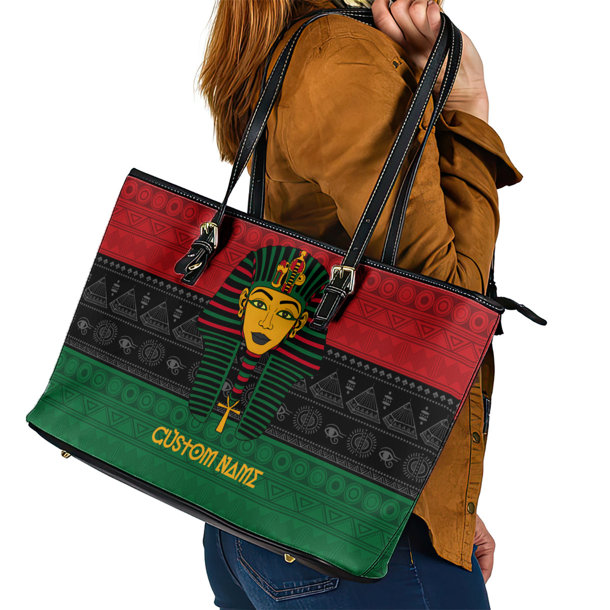 Personalized Pharaoh In Pan-African Colors Leather Tote Bag Ancient Egypt - Wonder Print Shop