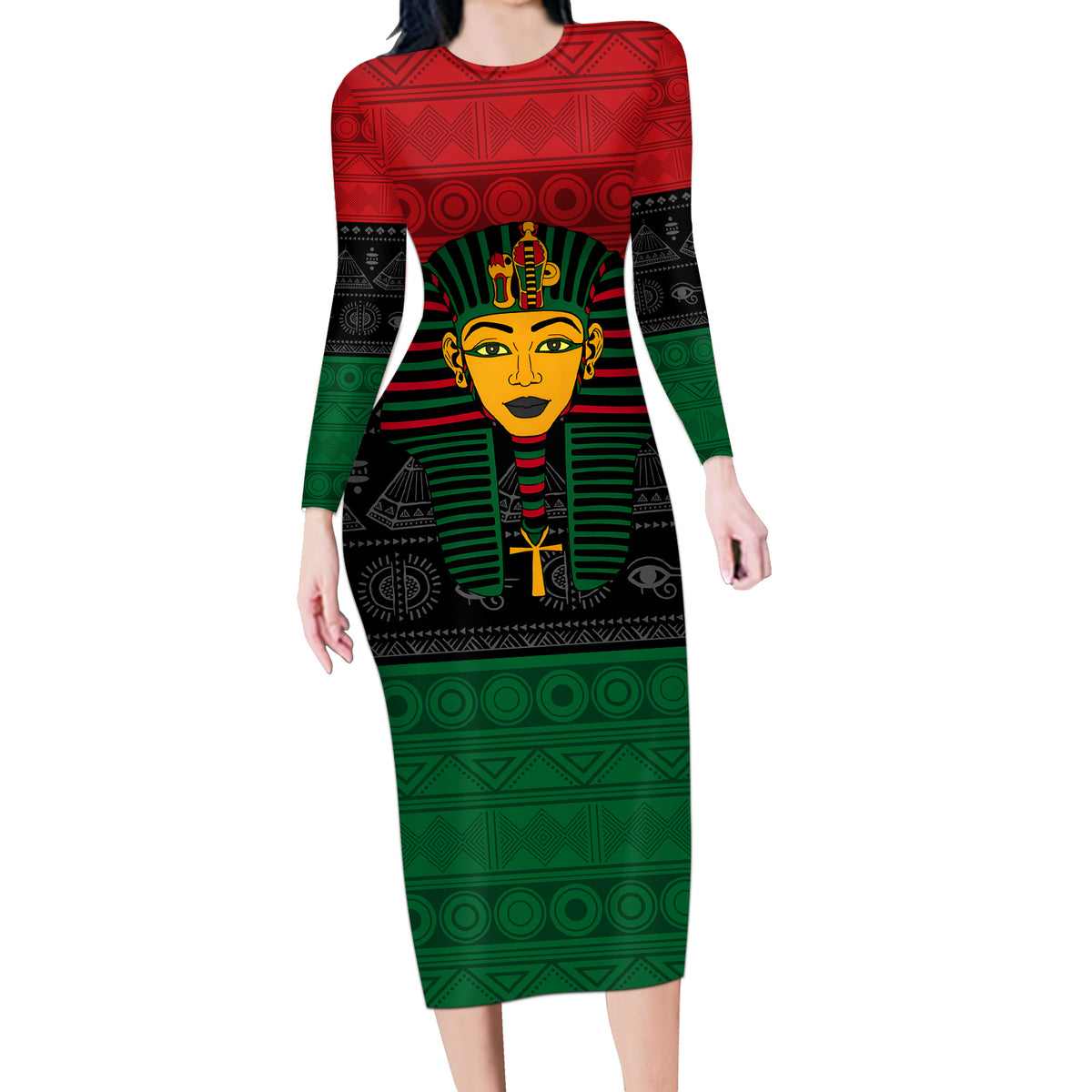 Personalized Pharaoh In Pan-African Colors Long Sleeve Bodycon Dress Ancient Egypt - Wonder Print Shop