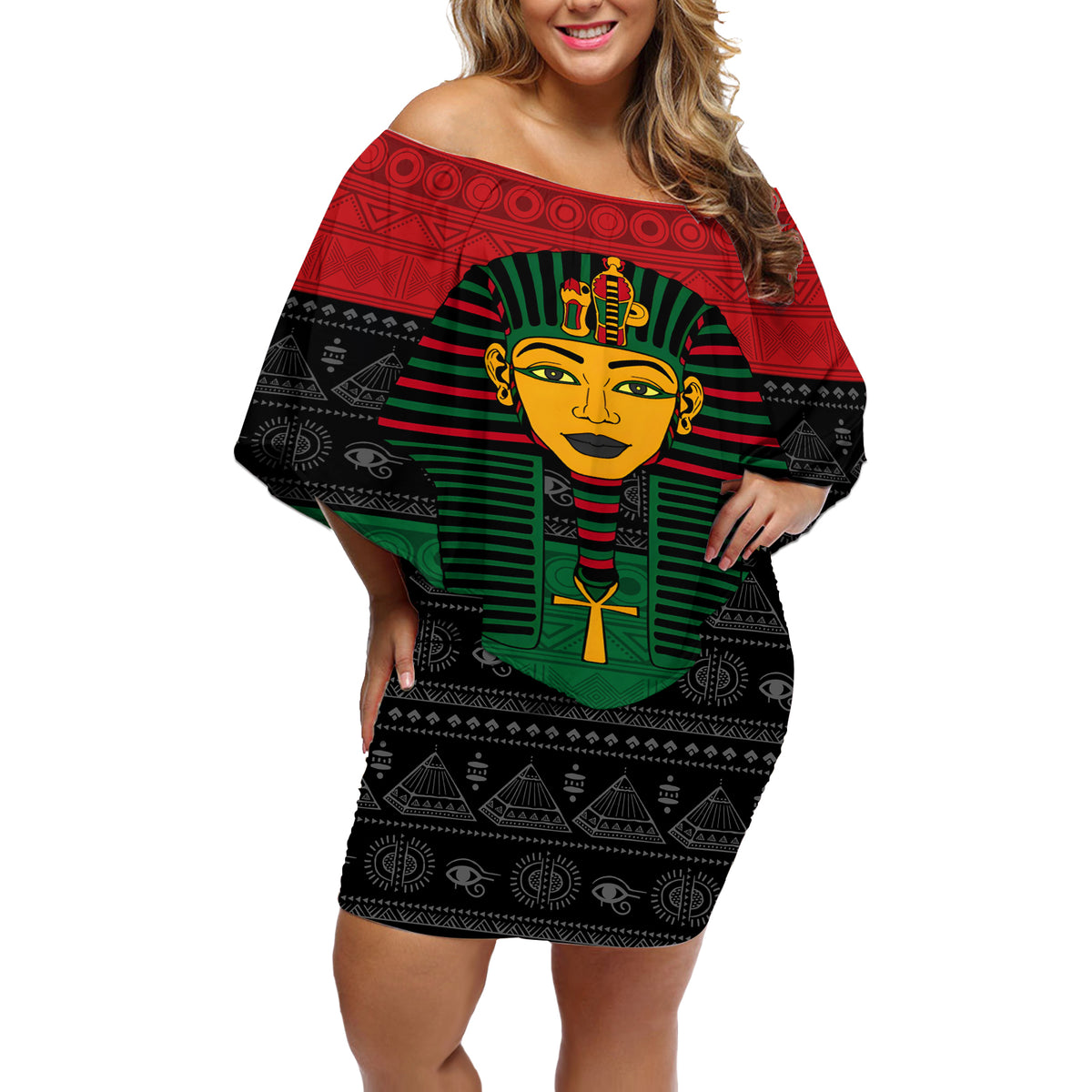 Personalized Pharaoh In Pan-African Colors Off Shoulder Short Dress Ancient Egypt - Wonder Print Shop