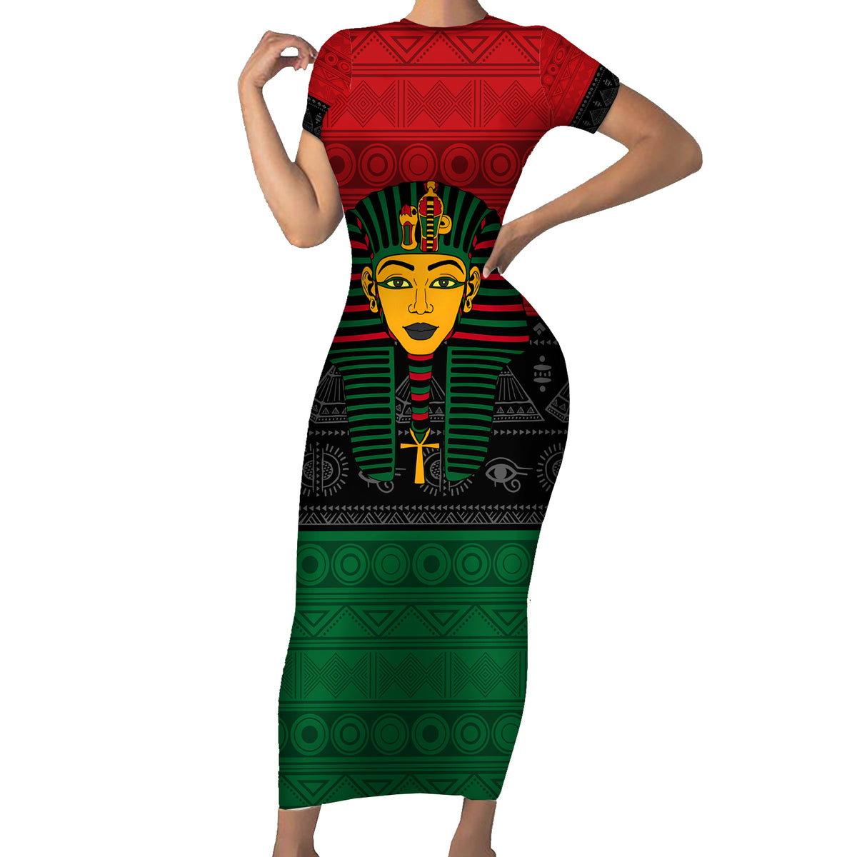 Personalized Pharaoh In Pan-African Colors Short Sleeve Bodycon Dress Ancient Egypt - Wonder Print Shop