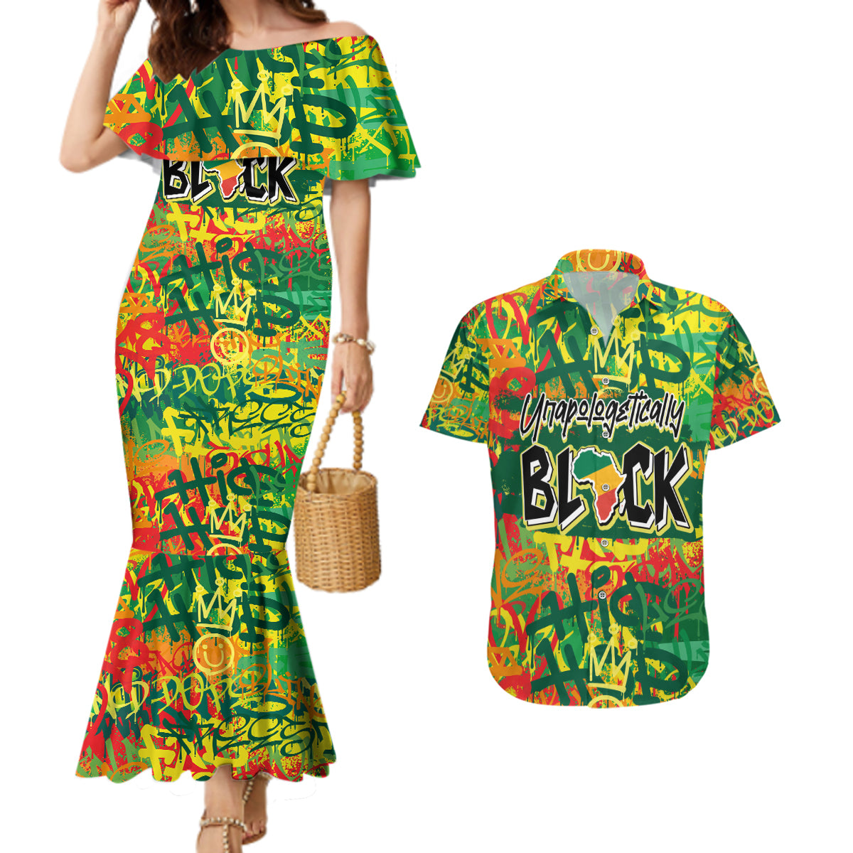 Personalized Colorful African Unapologetically Black Couples Matching Mermaid Dress and Hawaiian Shirt - Wonder Print Shop