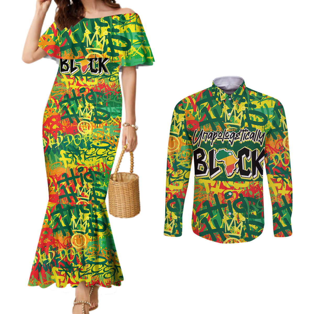 Personalized Colorful African Unapologetically Black Couples Matching Mermaid Dress and Long Sleeve Button Shirt