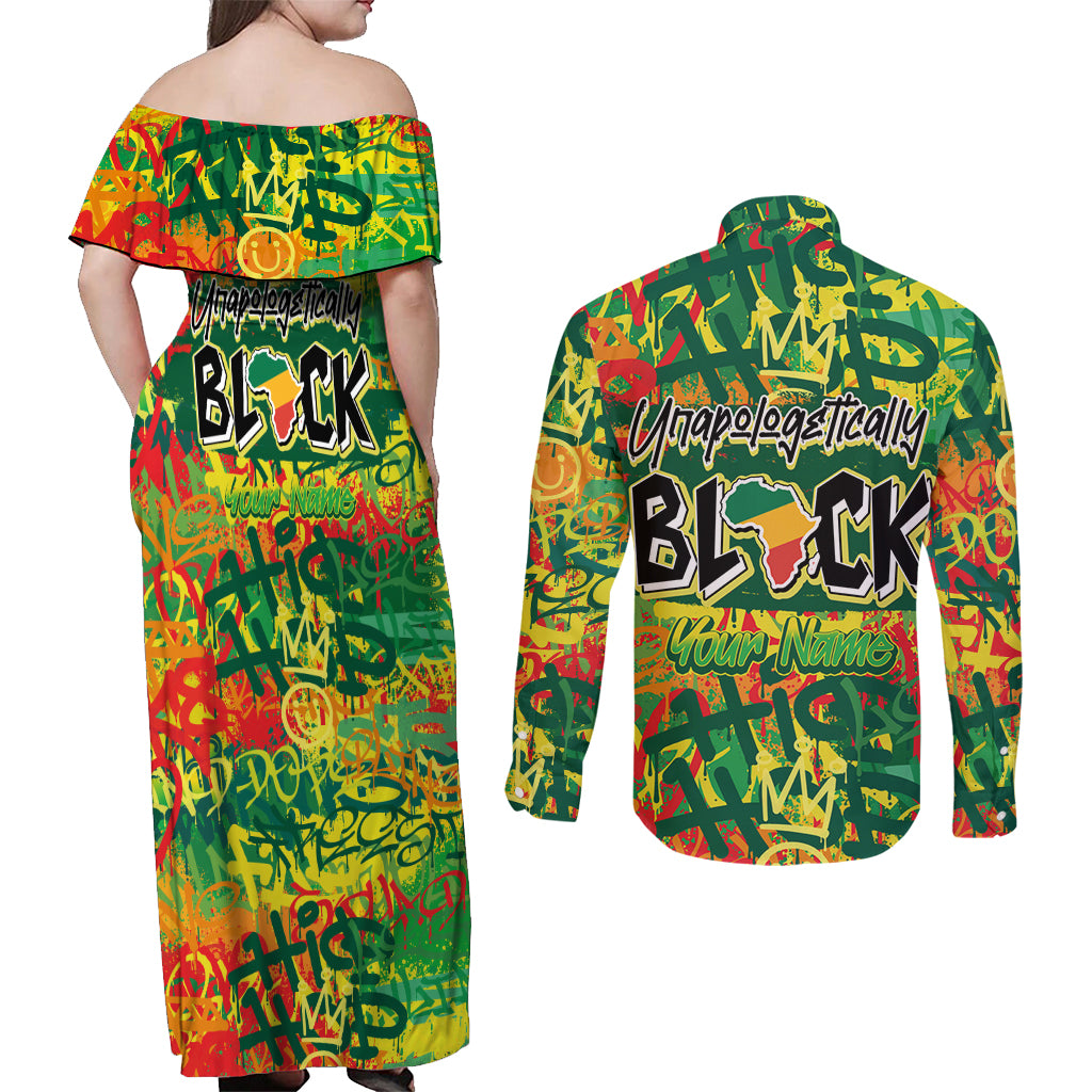 Personalized Colorful African Unapologetically Black Couples Matching Off Shoulder Maxi Dress and Long Sleeve Button Shirt - Wonder Print Shop