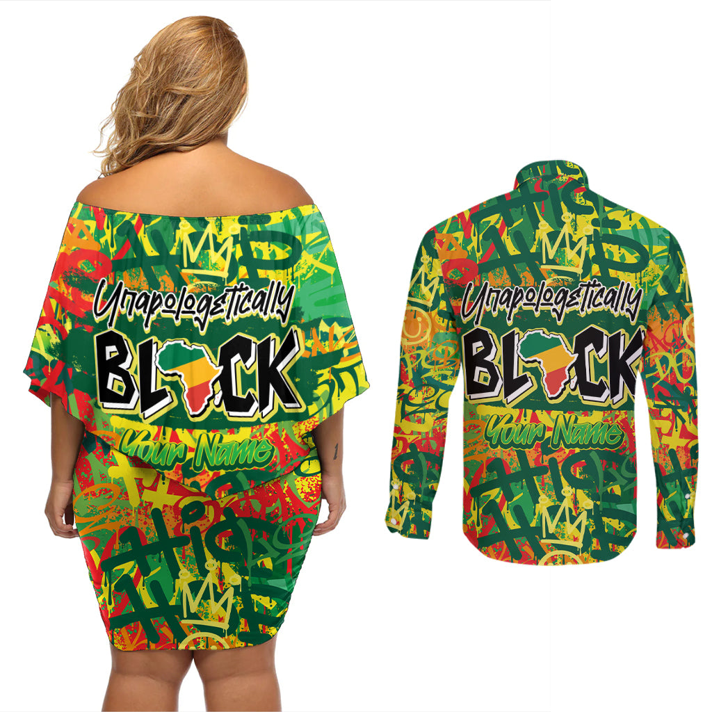 Personalized Colorful African Unapologetically Black Couples Matching Off Shoulder Short Dress and Long Sleeve Button Shirt - Wonder Print Shop