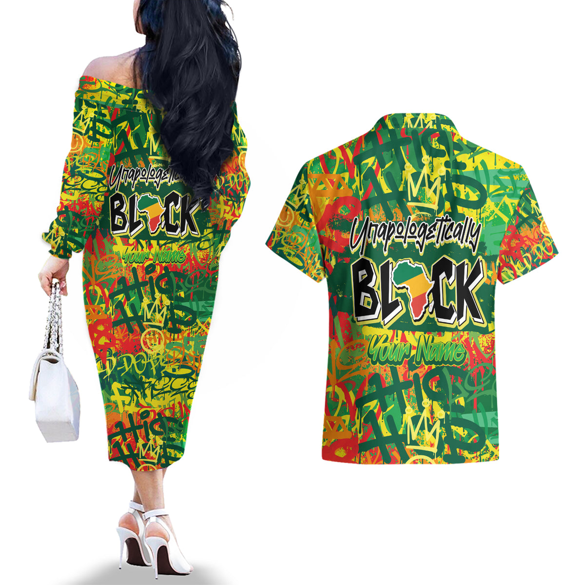 Personalized Colorful African Unapologetically Black Couples Matching Off The Shoulder Long Sleeve Dress and Hawaiian Shirt - Wonder Print Shop