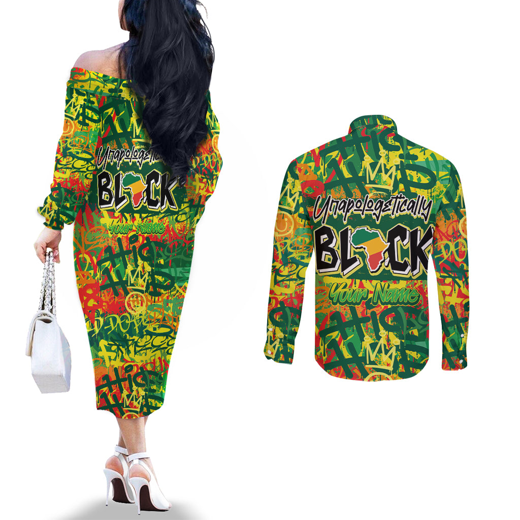 Personalized Colorful African Unapologetically Black Couples Matching Off The Shoulder Long Sleeve Dress and Long Sleeve Button Shirt