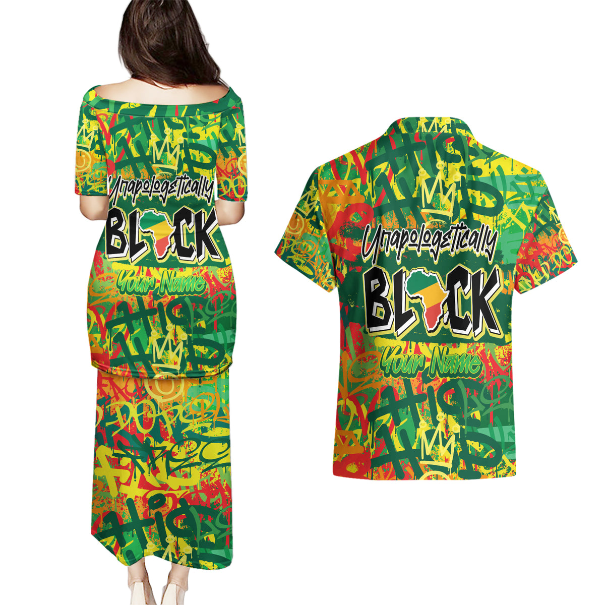 Personalized Colorful African Unapologetically Black Couples Matching Puletasi and Hawaiian Shirt - Wonder Print Shop