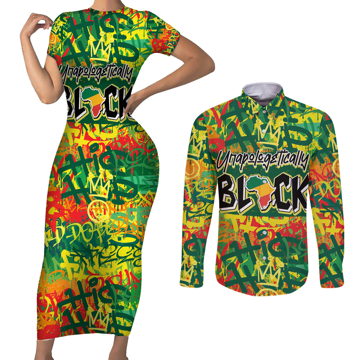 Personalized Colorful African Unapologetically Black Couples Matching Short Sleeve Bodycon Dress and Long Sleeve Button Shirt - Wonder Print Shop
