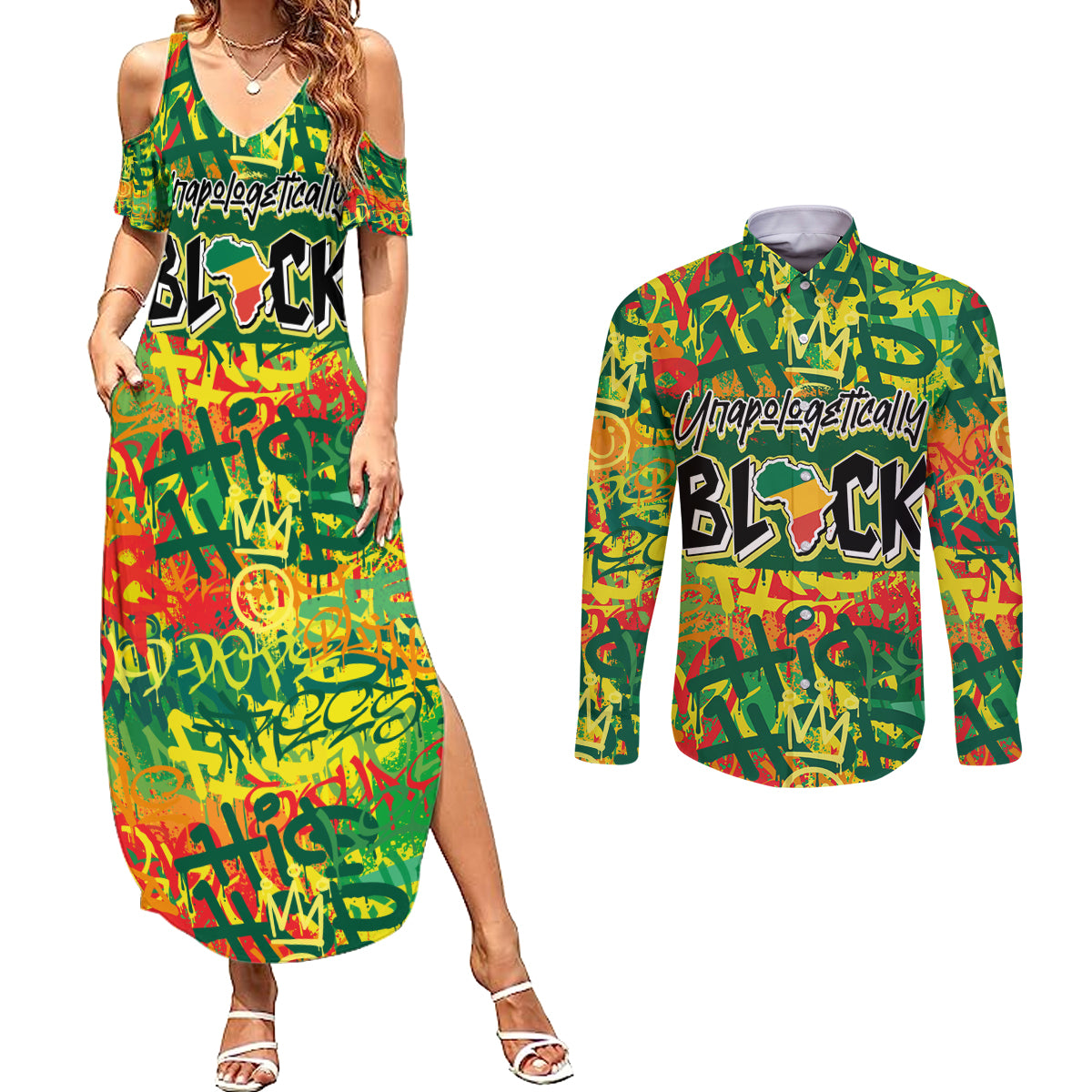 Personalized Colorful African Unapologetically Black Couples Matching Summer Maxi Dress and Long Sleeve Button Shirt - Wonder Print Shop