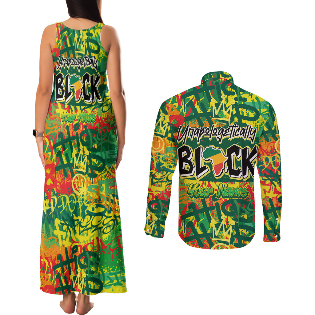 Personalized Colorful African Unapologetically Black Couples Matching Tank Maxi Dress and Long Sleeve Button Shirt - Wonder Print Shop