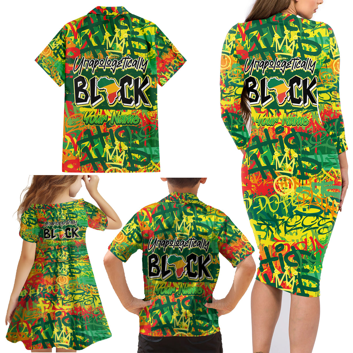 Personalized Colorful African Unapologetically Black Family Matching Long Sleeve Bodycon Dress and Hawaiian Shirt - Wonder Print Shop