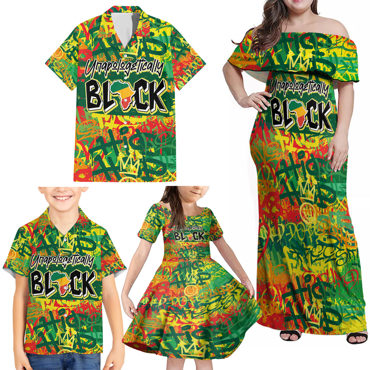 Personalized Colorful African Unapologetically Black Family Matching Off Shoulder Maxi Dress and Hawaiian Shirt - Wonder Print Shop