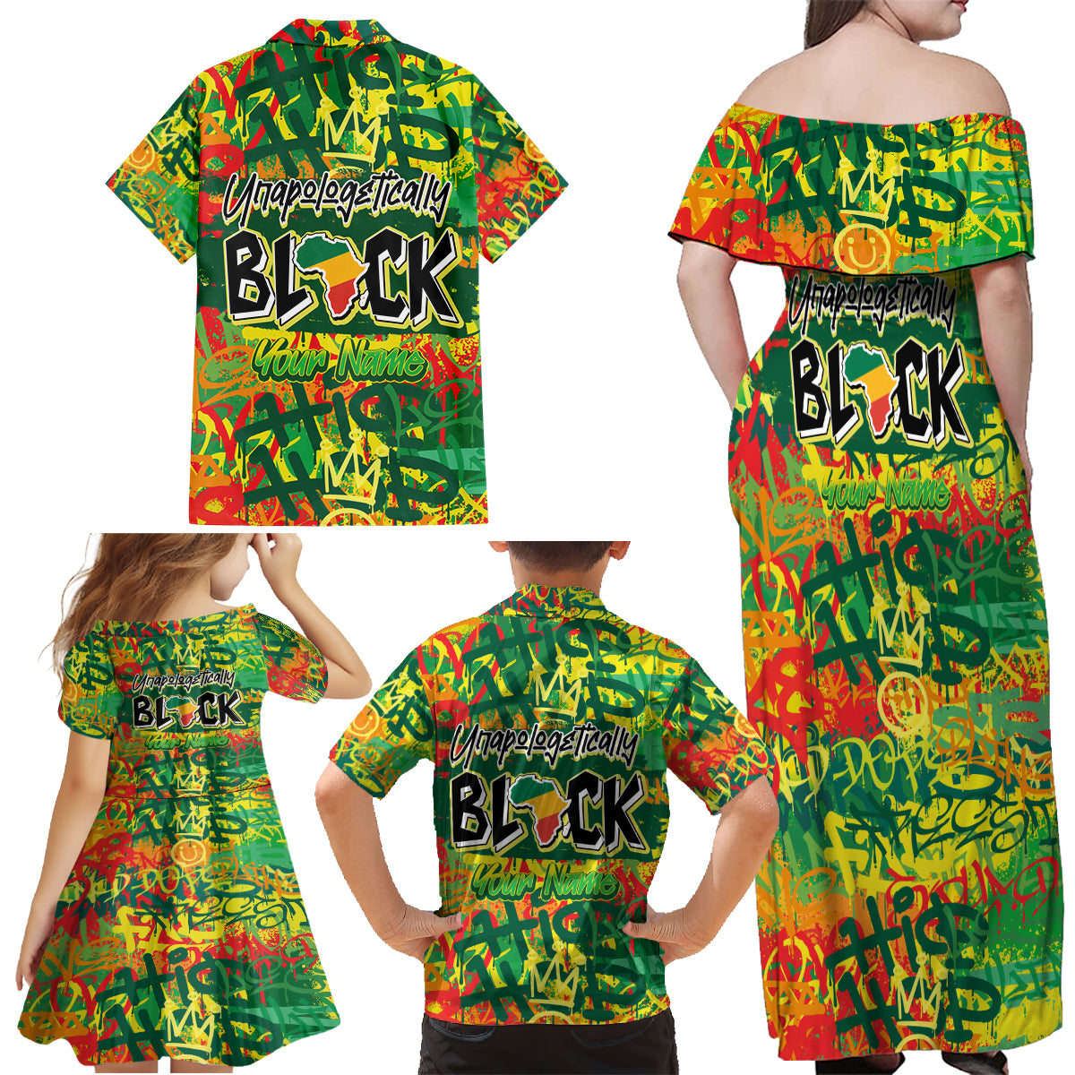 Personalized Colorful African Unapologetically Black Family Matching Off Shoulder Maxi Dress and Hawaiian Shirt - Wonder Print Shop
