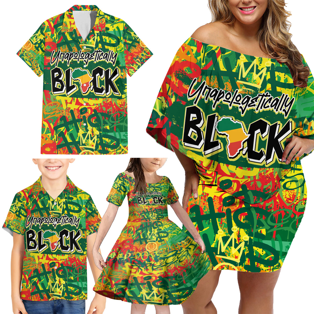 Personalized Colorful African Unapologetically Black Family Matching Off Shoulder Short Dress and Hawaiian Shirt - Wonder Print Shop
