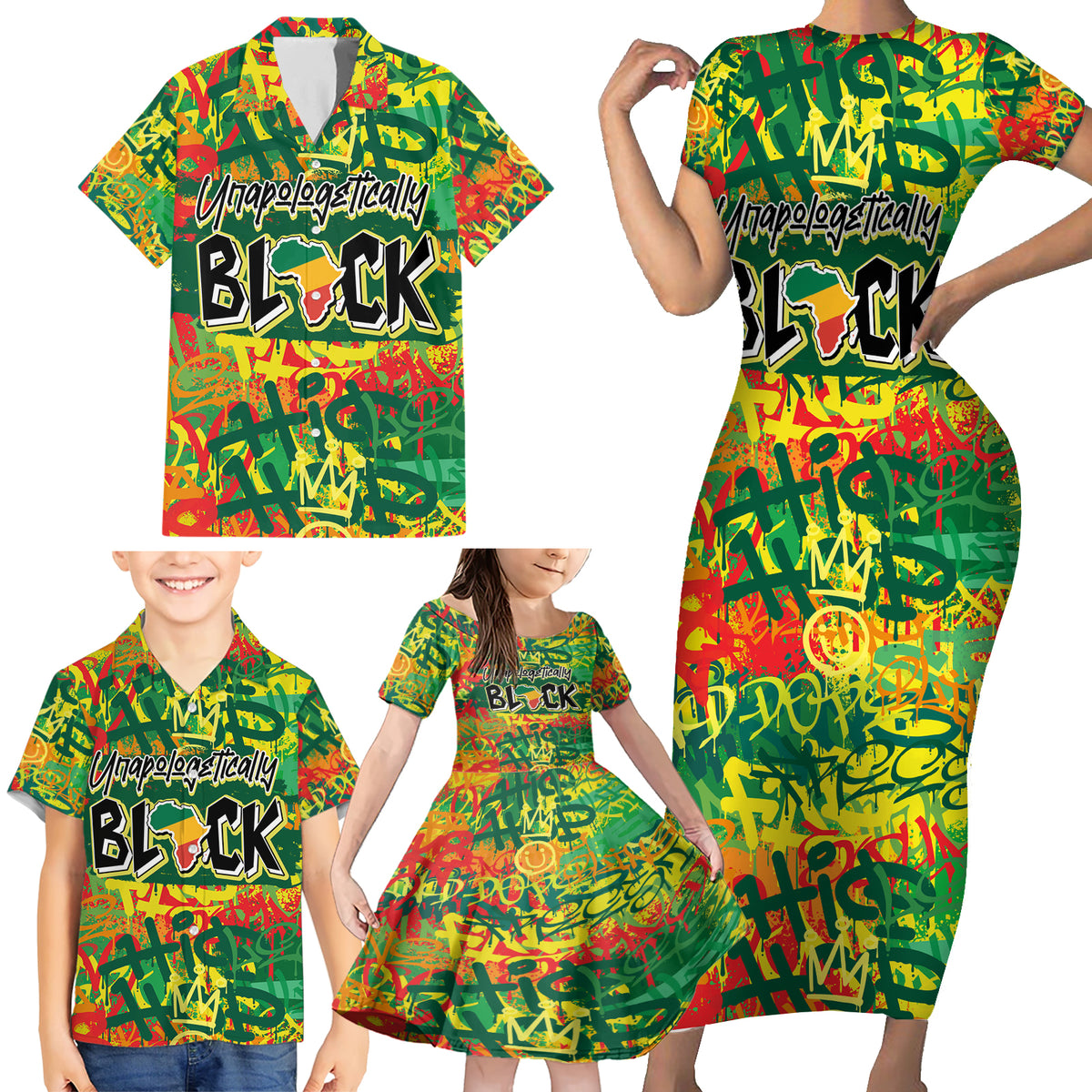 Personalized Colorful African Unapologetically Black Family Matching Short Sleeve Bodycon Dress and Hawaiian Shirt - Wonder Print Shop