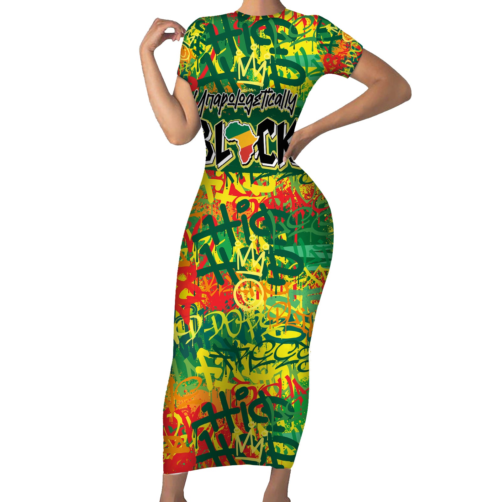 Personalized Colorful African Unapologetically Black Short Sleeve Bodycon Dress - Wonder Print Shop