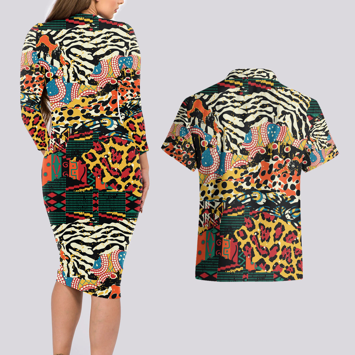 Africa Animal Pattern Couples Matching Long Sleeve Bodycon Dress and Hawaiian Shirt - Wonder Print Shop