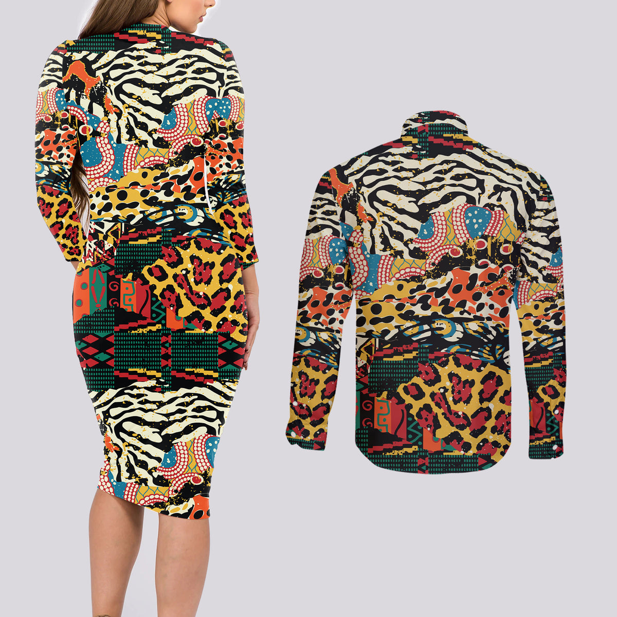 Africa Animal Pattern Couples Matching Long Sleeve Bodycon Dress and Long Sleeve Button Shirt - Wonder Print Shop