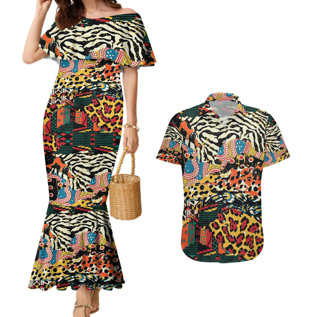 Africa Animal Pattern Couples Matching Mermaid Dress and Hawaiian Shirt - Wonder Print Shop